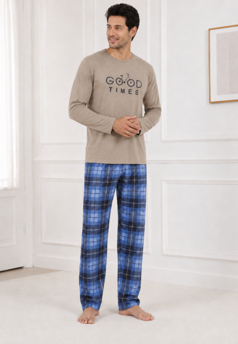 Pijama barbati Serena cu maneca lunga si pantalon lung-Bej ,Engros